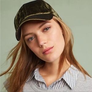 Anthropologie Free People Green Crushed Velvet Baseball Cap Last Chance
